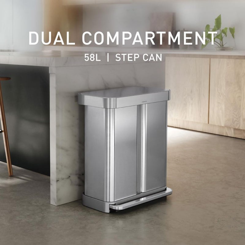 simplehuman سلة مهملات مطبخ بسيطةhuman بسعة 58 لتر مع قسمين للتدوير وغطاء يغلق برفق - Image 2